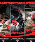 Cordless Impact Wrench Half Inch Brushless Beast Power 270 ft lbs Tightening Torque 300 ft lbs Breakaway Torque Three Speed Control Led Work Light Compatible With Milwaukee 18V Battery Bare Tool in use on screws, wheel hub, and scaffolding.