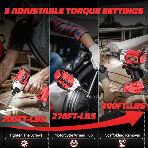 Cordless Impact Wrench Half Inch Brushless Beast Power 270 ft lbs Tightening Torque 300 ft lbs Breakaway Torque Three Speed Control Led Work Light Compatible With Milwaukee 18V Battery Bare Tool in use on screws, wheel hub, and scaffolding.