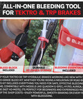 Hydraulic Brake Bleeding Kit For Tektro And TRP Brakes With 120ml Mineral Oil 5.5mm Olive Insert Funnel Adapter Mountain Bike Brake Bleed Tool Set That Makes Quick Clean Bleeds Easy, showing bleed block, syringe, and essentials.