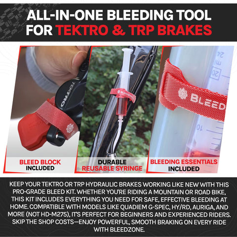 Hydraulic Brake Bleeding Kit For Tektro And TRP Brakes With 120ml Mineral Oil 5.5mm Olive Insert Funnel Adapter Mountain Bike Brake Bleed Tool Set That Makes Quick Clean Bleeds Easy, showing bleed block, syringe, and essentials.
