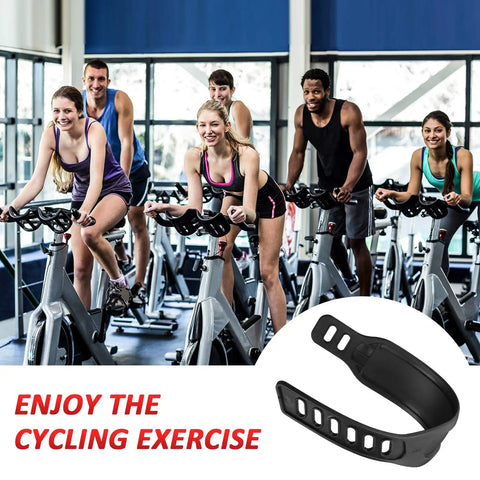 People cycling in a gym with Universal Exercise Bike Pedal Straps Set For Home Gym Adjustable 1.7 X 12 Inch Straps visible.