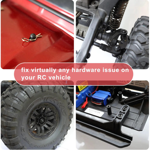 Universal RC Screw Kit With 1020 Pieces For Traxxas And Most RC Cars displayed with close-up images of RC car parts