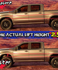 Before and after images of Heavy Duty 2.5 Inch Front Leveling Kit For Ram 1500 showing 2.5 inch lift height difference.