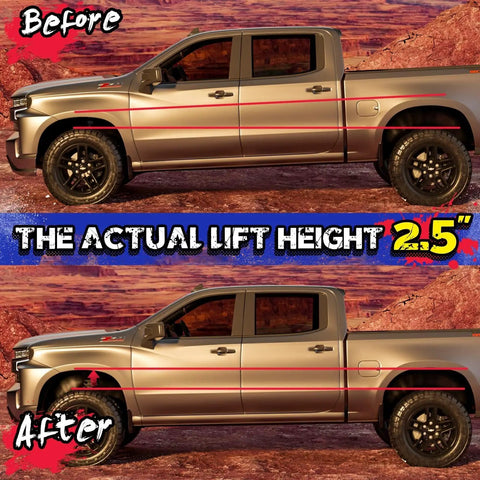 Before and after images of Heavy Duty 2.5 Inch Front Leveling Kit For Ram 1500 showing 2.5 inch lift height difference.