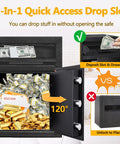 Front Drop Slot Deposit Safe Fireproof with digital combination, open showing cash and gold, highlighting anti fishing features.