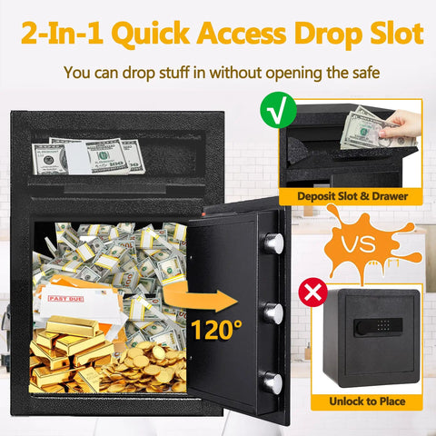 Front Drop Slot Deposit Safe Fireproof with digital combination, open showing cash and gold, highlighting anti fishing features.