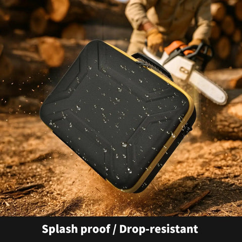 DeWalt 20V Max XR Jigsaw Case in rugged outdoor setting with water droplets, showing splash-proof and drop-resistant features.