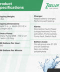 Product specifications for Complete Sump Pump Setup With Tough One Half HP Motor And Smart 12 Volt DC Battery Backup detailing weight, dimensions, and pump capacity.