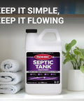 No Fuss Septic Tank Treatment With Patented Bacteria Blend in 64-ounce bottle on bathroom shelf next to towels and plant