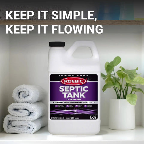 No Fuss Septic Tank Treatment With Patented Bacteria Blend in 64-ounce bottle on bathroom shelf next to towels and plant