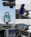 Collage of Anti Vibration Phone Mount With Vibration Dampener And 1s Lock Release in car, showing rotation and secure grip.