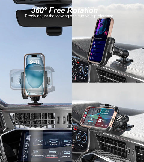 Collage of Anti Vibration Phone Mount With Vibration Dampener And 1s Lock Release in car, showing rotation and secure grip.