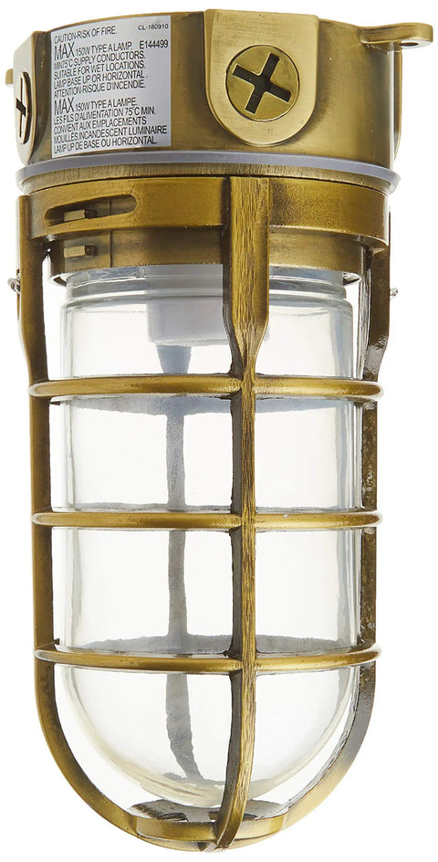 Vandal Resistant 150W Incandescent Security Light With Ceiling Mount, Antique Brass Finish, showcasing tempered vapor tight glass