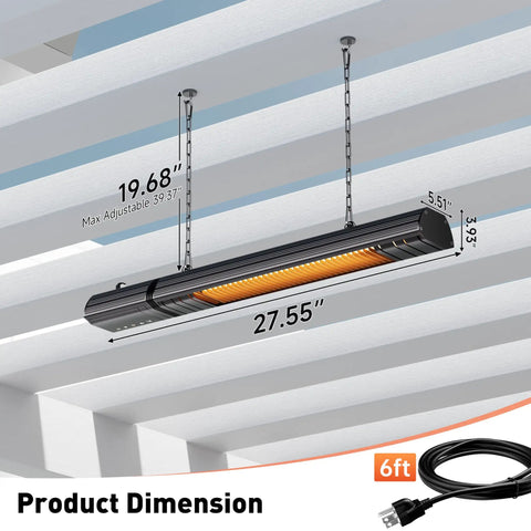 WiFi Controlled Infrared Outdoor Heater 1500 Watt Wall Mount Or Ceiling Mount in gazebo with dimensions shown