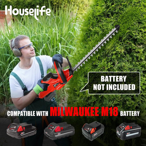 Cordless Hedge Trimmer With 22 Inch Dual Action Blade And Five Eighth Inch Cutting Capacity Tool Only Battery Not Included Compatible With M18 Battery For Easy Garden And Backyard Maintenance being used by a person trimming a hedge.