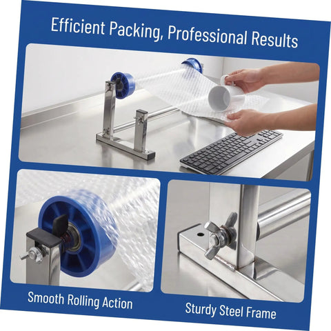 Manual Stretch Film Tool With Cutter And Adjustable Hand Operated Wrap Dispenser Stand For Easy Warehouse Wrapping Of Regular Supplies And Cargo Packaging Film In Lightweight Metal Plastic Construction, steel frame with bubble wrap roll