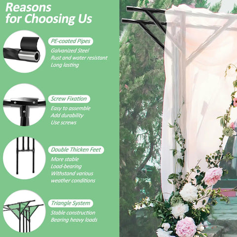 Massive Flat Top Garden Arch Trellis For Climbing Plants Outdoor Entrance Pavilion 141 Inches Long By 106 Inches High Metal Yard Arch showcase with detailed features and fabric.