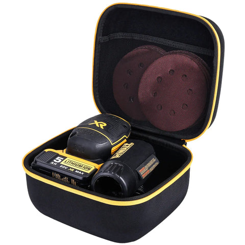 Hard Travel Case For Dewalt 20V Max Orbital Sander DCW210B Case Only, open with sander and accessories inside, yellow zipper