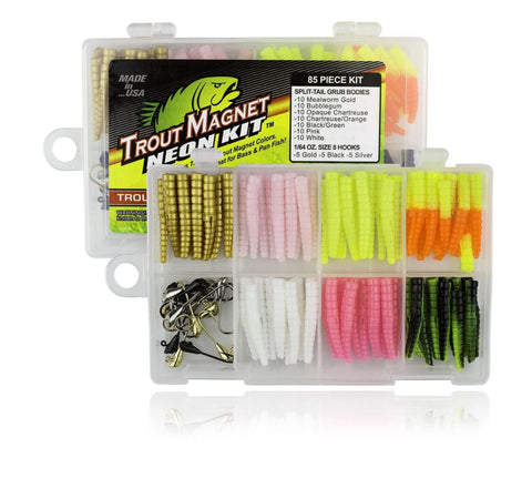 Ultimate Trout Fishing Gear Kit Bundle With 82 Pieces, 350 Yard SOS Monofilament Line, Phantom Fluorocarbon Leaders, And 4 EZTrout Floats For Next Level Freshwater Angling displayed in open tackle box with assorted lures.