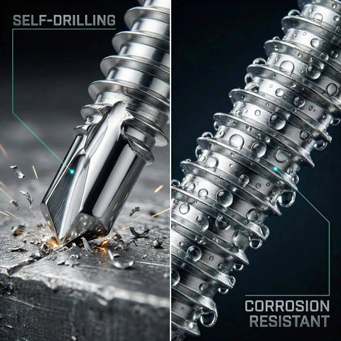 12 By 2 And A Half Inch Flat Head Phillips Self Tapping Screws For Metal And Plastic, 410 Stainless Steel High Hardness Self Drilling Screws, close-up of drilling and corrosion resistance