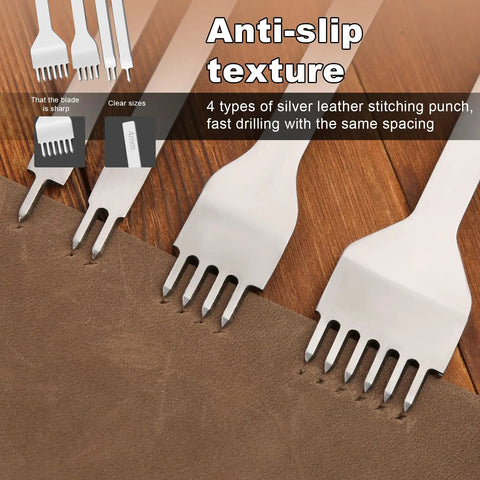 7 In 1 Pro Adjustable Stitching Groover Kit For Leathercraft With 1 2 4 6 Prong Leather Stitching Punches on wooden surface