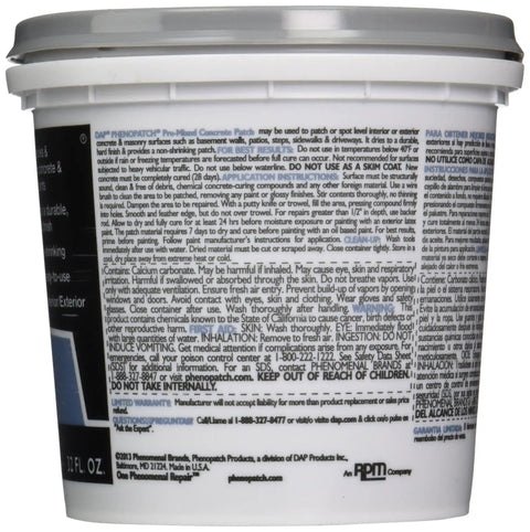 Side view of container labeled Pre Mix Concrete Quart For DIY Projects Ready To Use Quick Setting Patch Material and instructions.