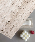 Beige Travertine Marble Slab Tray With Right Angle Surface Plate And Non Slip Mat For Home Decor, Dope Natural Stone With Irregular Holes For Rustic Vibe, Decorative Tray Or Display Surface 11.8 x 7.87 x 0.39 Inches