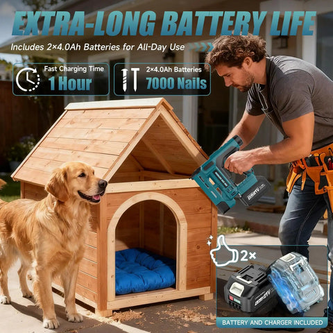 Cordless 18 Gauge Brad Nailer And Staple Gun Bundle With Battery And 1000 Piece Fastener Kit for woodworking and upholstery in outdoor setting.