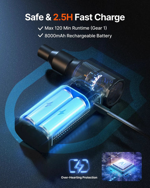 Cordless Air Duster With 130000 RPM Ultra Power 8000mAh Battery 4 Gear Adjustable Blower showcasing battery and charging feature