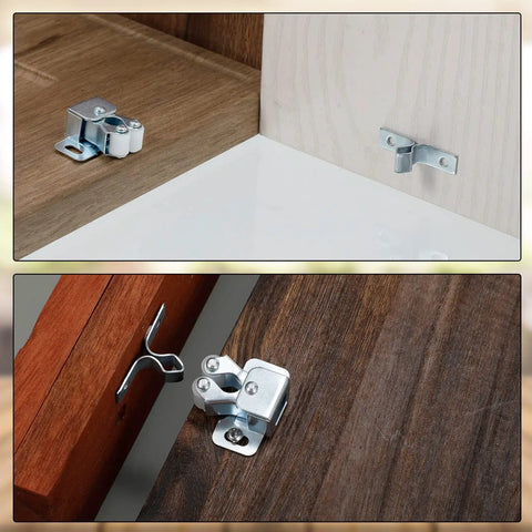 20 Piece Cabinet Door Latch And Catch Hardware Set, double roller latches installed, silver finish on wood surfaces.