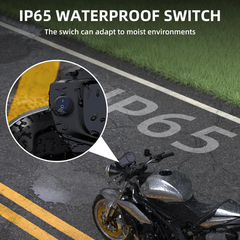 12V Waterproof Round Rocker Switch With Blue LED Light on wet motorcycle surface, showcasing IP65 weatherproof feature