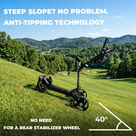 Badass Electric Golf Cart With Smart Follow Tech And Bluetooth Remote Control For Easy Fairway Gliding on a steep slope.