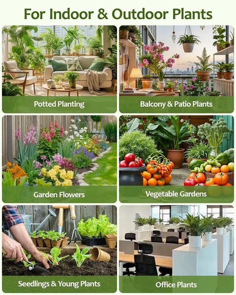 Collage of plant types including potted plants, balcony plants, garden flowers, vegetable gardens, seedlings, and office plants.