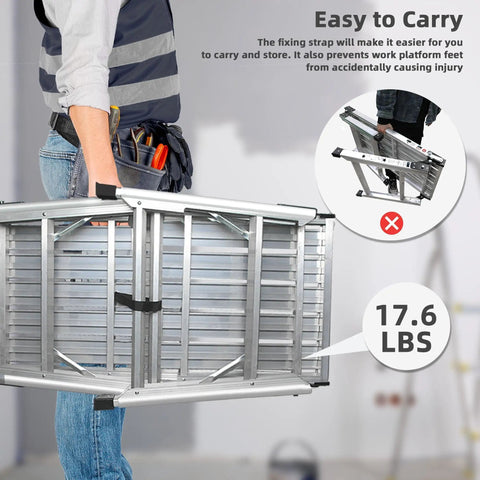 Heavy Duty Aluminum Work Platform Foldable Scaffold With Large 39.4 By 18.5 Inch Surface, 330 Lb Capacity, Seven Position Height From 24 To 35 Inches, Portable Ladder Style Work Stand For DIY, Painting, And Home Repairs, folded carrying view