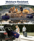 Camping scene with Six Pack Heavy Duty Moving Bags 210GSM With Full Open Side Zipper 93L in blue, woman loading bag into car trunk.