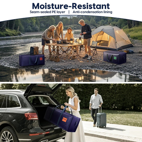 Camping scene with Six Pack Heavy Duty Moving Bags 210GSM With Full Open Side Zipper 93L in blue, woman loading bag into car trunk.
