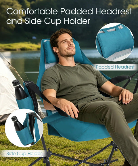 Man relaxing in Two Pack Hammock Camping Chairs With Stand And Storage Bag, blue chair with padded headrest and cup holder