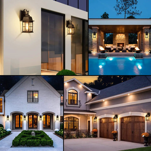 Two Pack Dusk To Dawn Outdoor Wall Lights With Photocell Sensor Waterproof Black Aluminum Sconces illuminating various exteriors