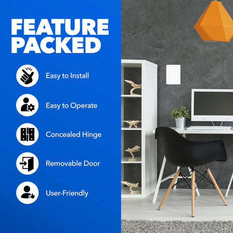 Top Shelf 4X6 Drywall Access Panel for Ceilings and Walls showing features like easy install and removable door.