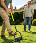Manual Lawn Aerator Tool With T Handle And Stainless Steel Spikes For Deep Soil Loosening In Garden Lawn 99x24cm used by man