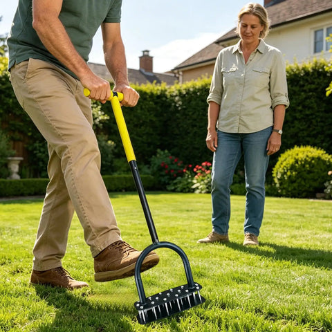 Manual Lawn Aerator Tool With T Handle And Stainless Steel Spikes For Deep Soil Loosening In Garden Lawn 99x24cm used by man