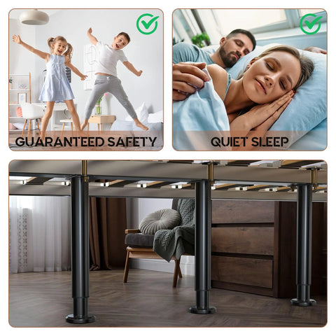 Heavy Duty Adjustable Bed Support Legs 4 Pack Reinforced Steel Bed Frame Center Stabilizer With Wide Rubber Base for King Queen Sizes, showing kids jumping and couple sleeping.