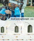 Small lightweight waterproof camping tarp footprint packed in backpack, sizes S, M, L displayed, Army Green, outdoor gear