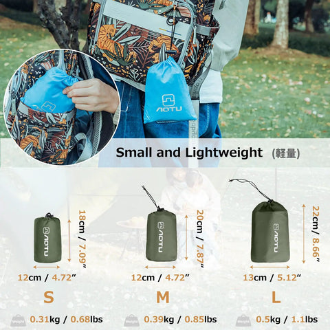 Small lightweight waterproof camping tarp footprint packed in backpack, sizes S, M, L displayed, Army Green, outdoor gear