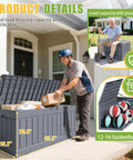 Person placing items in 82 Gallon Outdoor Storage Box With Lid For Patio Furniture Garden Tools And Pool Supplies Weatherproof UV Resistant Lockable Gray Backyard Organizer Pro on porch.