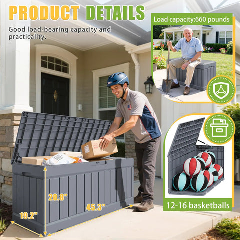 Person placing items in 82 Gallon Outdoor Storage Box With Lid For Patio Furniture Garden Tools And Pool Supplies Weatherproof UV Resistant Lockable Gray Backyard Organizer Pro on porch.