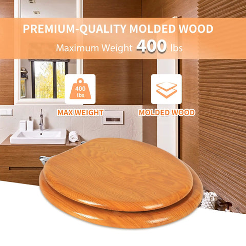 Built To Last Durable Wood Veneer Elongated Toilet Seat With Metal Hinged Design, maximum weight 400 lbs, bathroom setting