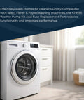 Front view of a white front-load washing machine in a laundry room, Washer Pump Kit And Fuse 479595 Replacement Part visible on top.
