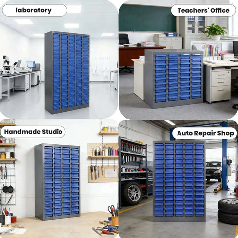 100-Drawer Nut And Bolt Organizer With Stainless Steel Frame, ABS Bins, Shelves And Labels in various settings