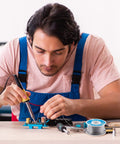 Person using soldering iron with Sixty Forty Rosin Core Solder Wire 0.8mm 100g for electrical soldering, Sn60Pb40 alloy.